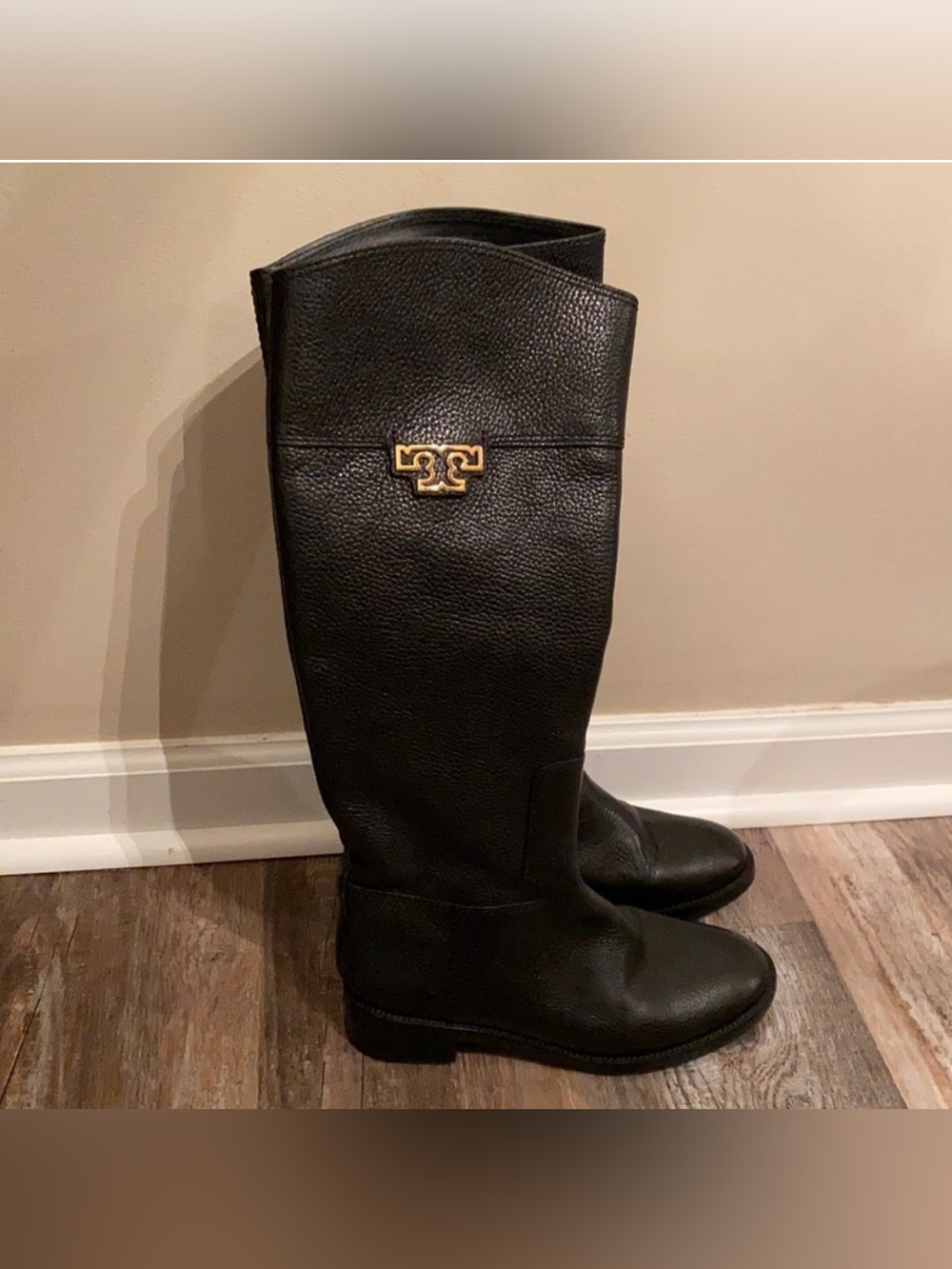 Tory Burch Black Leather Knee-High Boots with Gold Logo